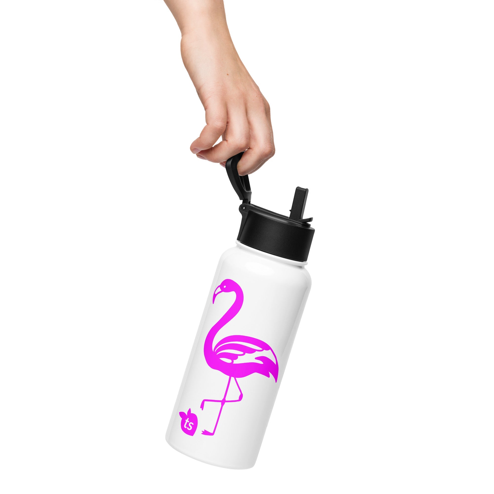 tsgabrielle® • Flamant Rose • Garrafa de água com tampa de canudo • Aço inoxidável • Branco • 32 oz