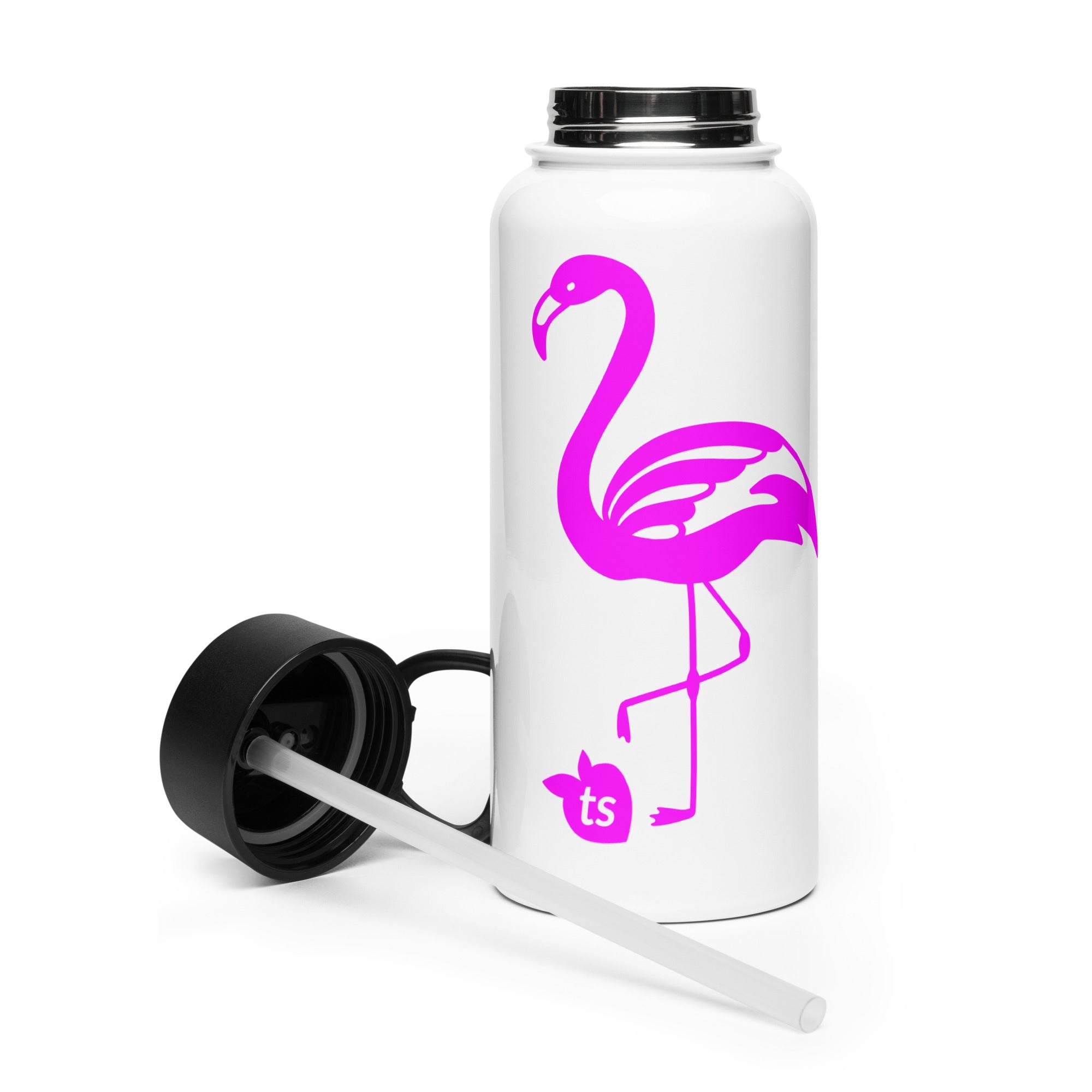 tsgabrielle® • Flamant Rose • Garrafa de água com tampa de canudo • Aço inoxidável • Branco • 32 oz
