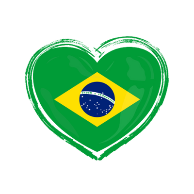 Heart-shaped outline with the Brazilian flag inside on a white background