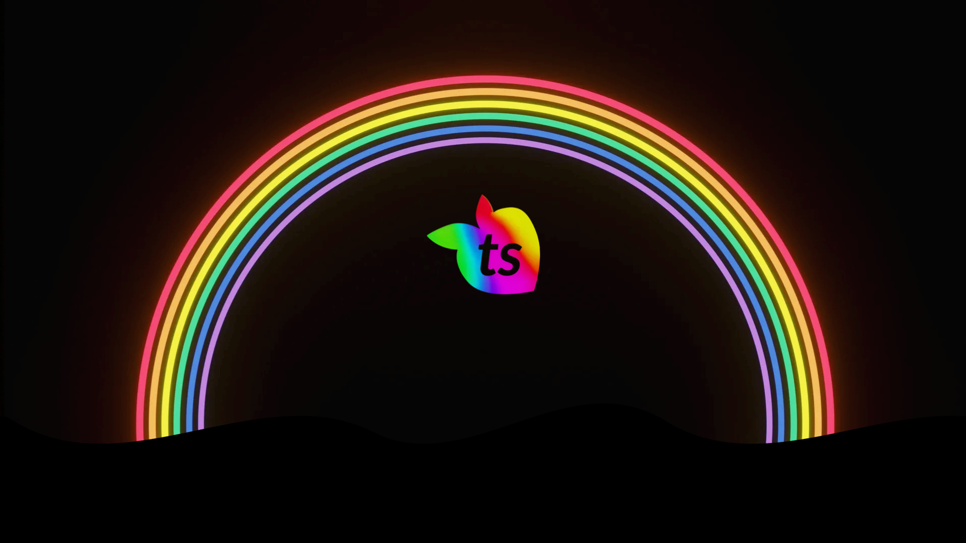 Neon rainbow arch with a logo in the center on a black background