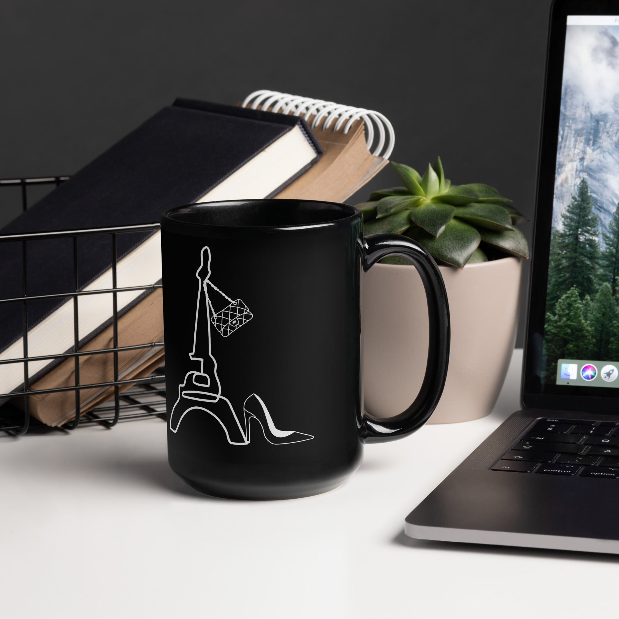 tsgabrielle® • Paris • Caneca Brilhante • Preta • Cerâmica • 2 Tamanhos